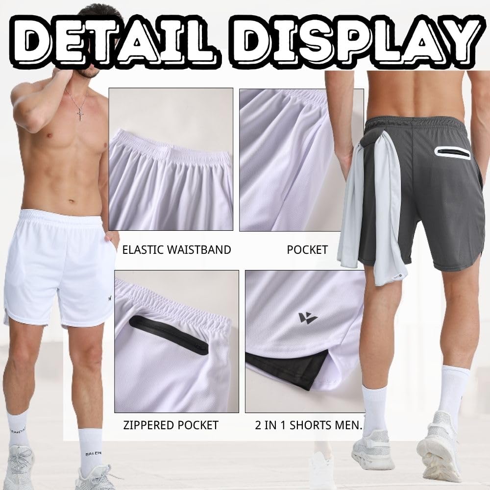 Confezione da 3 pantaloncini sportivi da uomo 2 in 1, ad asciugatura rapida, per palestra, corsa, allenamento, attività sportiva, da uomo, con tasche