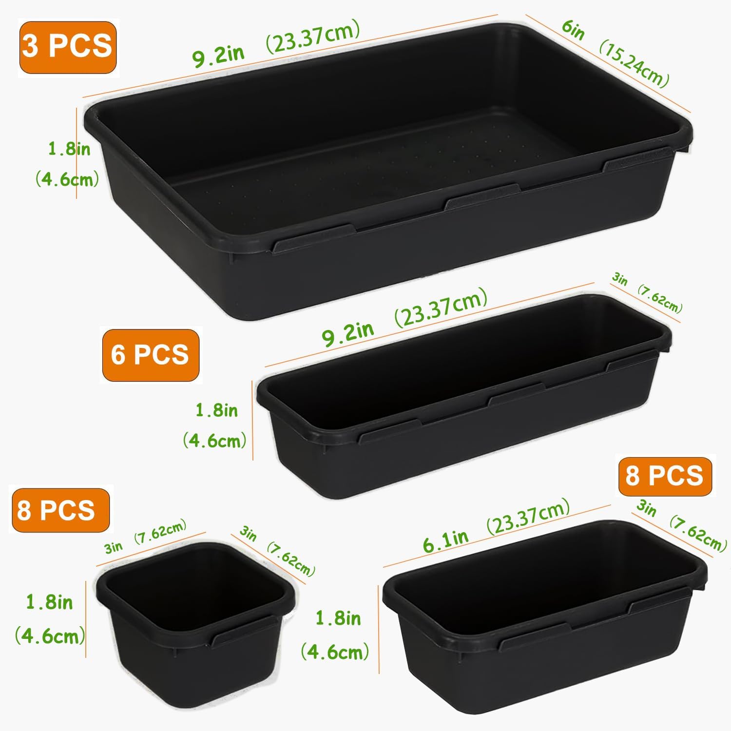 25 pcs black drawer organizer set, 4 size interlocking plastic storage bins for office supplies, jewelry makeup vanity, bathroom kitchen, home organization closet, gadgets small items