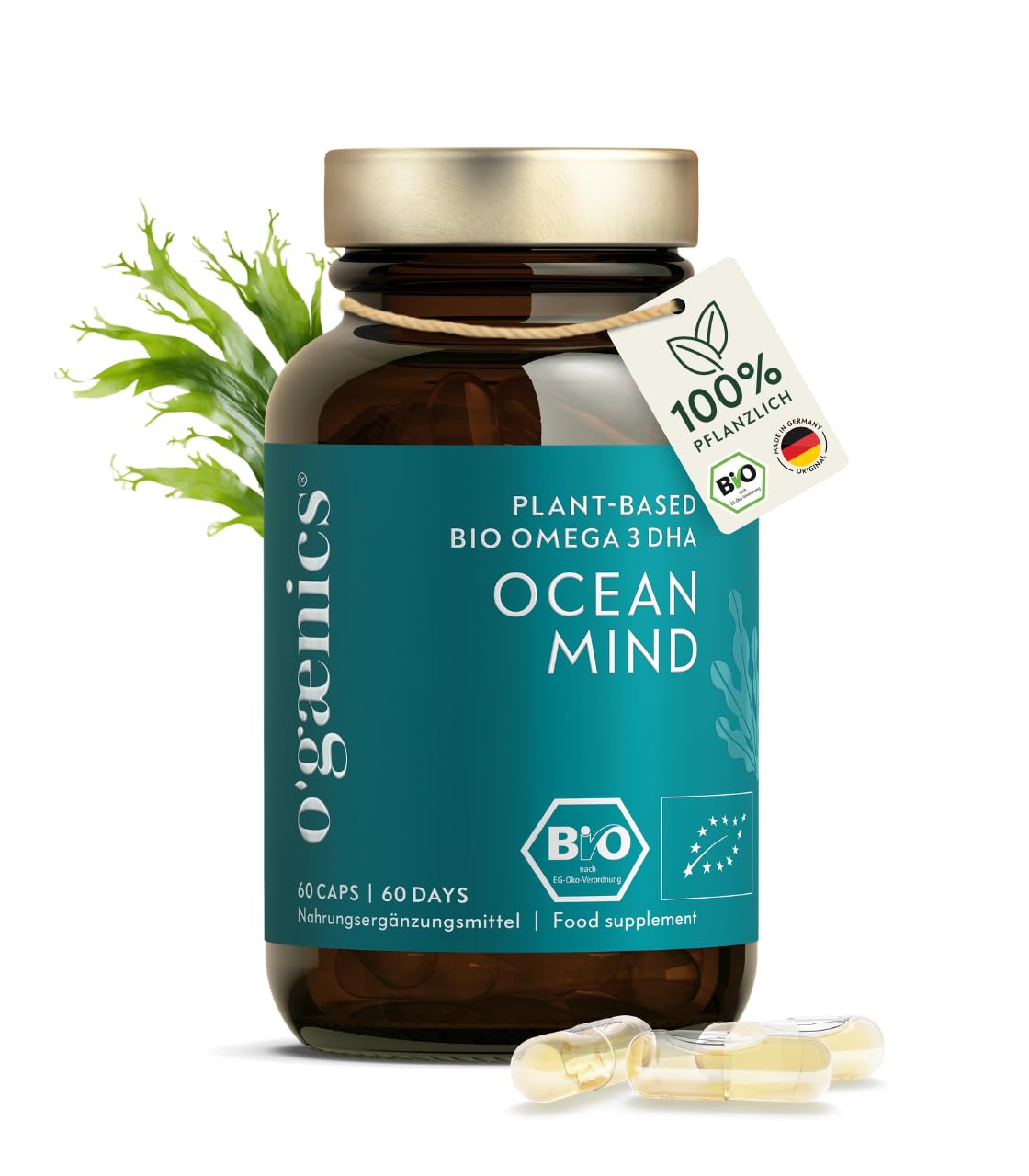Ogaenics OCEAN MIND Bio Omega 3 DHA Kapseln aus Algen – 250 mg DHA pro Kapsel – veganes Algenöl als Alternative zu Fischöl – für Gehirn, Sehkraft, Schwangerschaft und Stillzeit - 60 Kapseln
