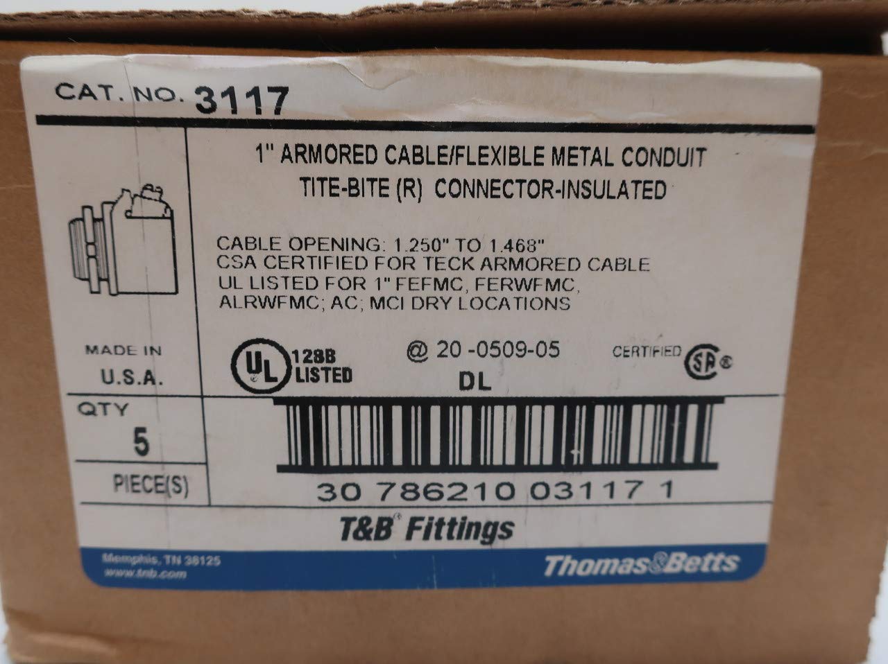 Box of 5 THOMAS&BETTS 3117 TITE-BITE Armored Cable Conduit Connector 1IN