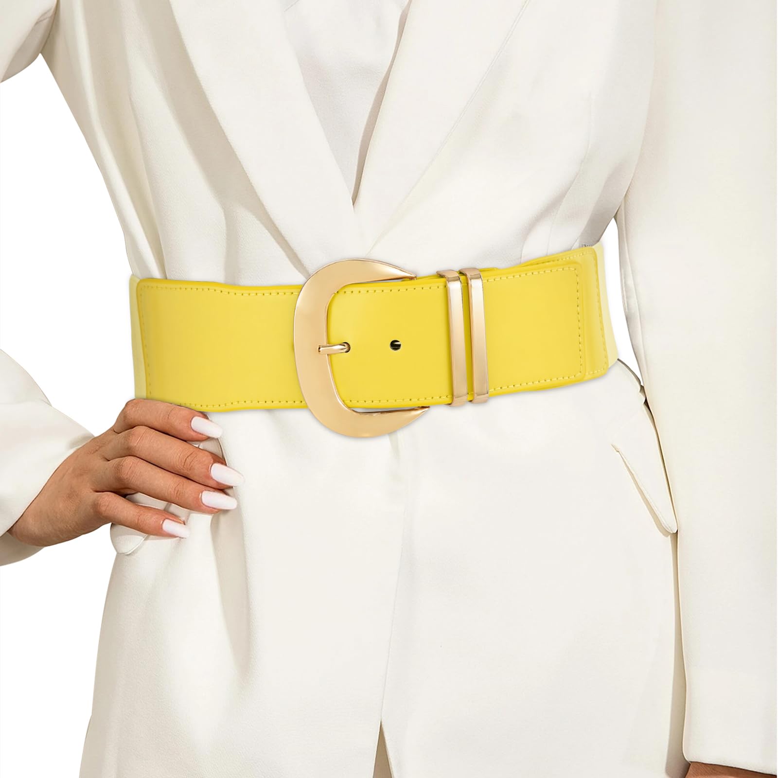 WHIPPY Women Wide Elastic Waist Belt for Dresses Fashion Gold Buckle Stretchy Leather Waistband for Ladies