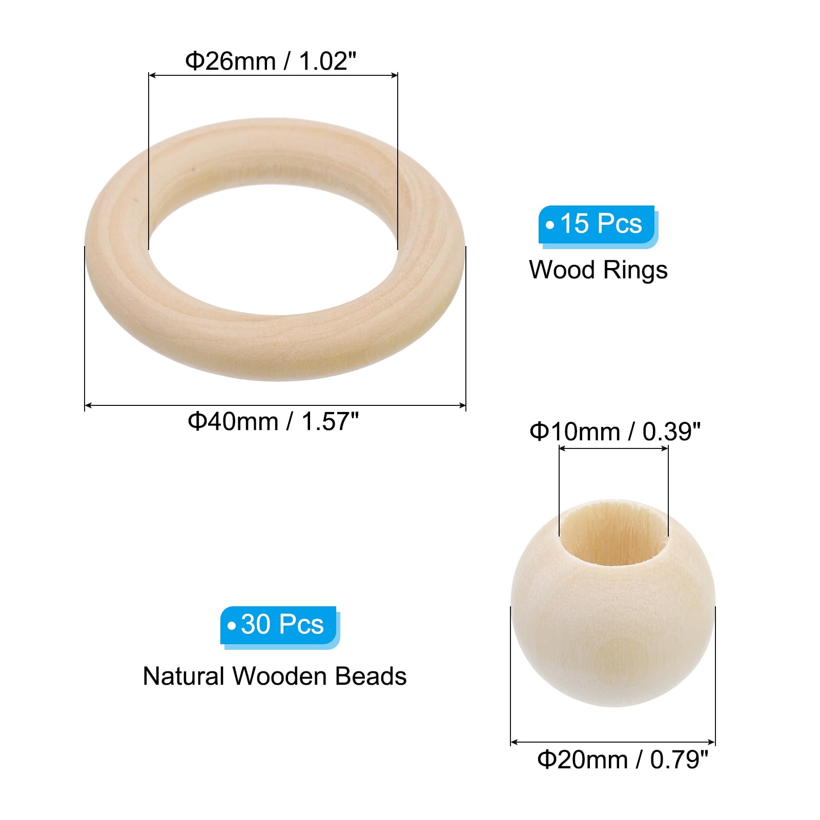PATIKIL Natural Wood Rings and Unfinished Wooden Beads Set - Image 2