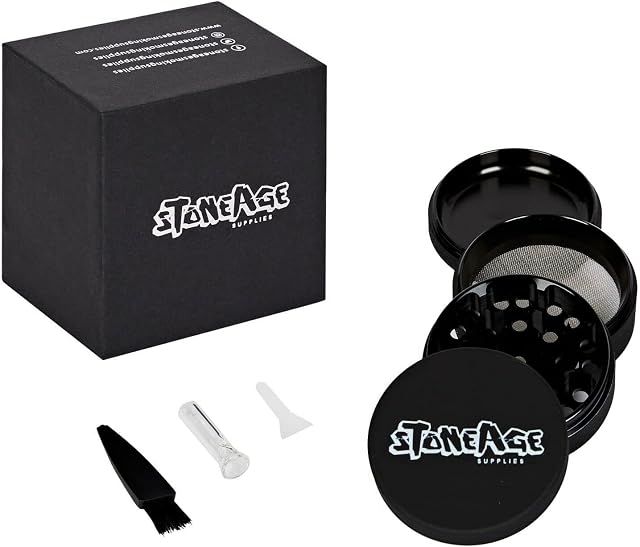 StoneAge Herb Grinder Set - Glass Filter Tip - Smell Proof Bags - Drawstring Carrying Pouch - Brush and Pollen Scraper Crusher - 4-Piece Ø 63 mm