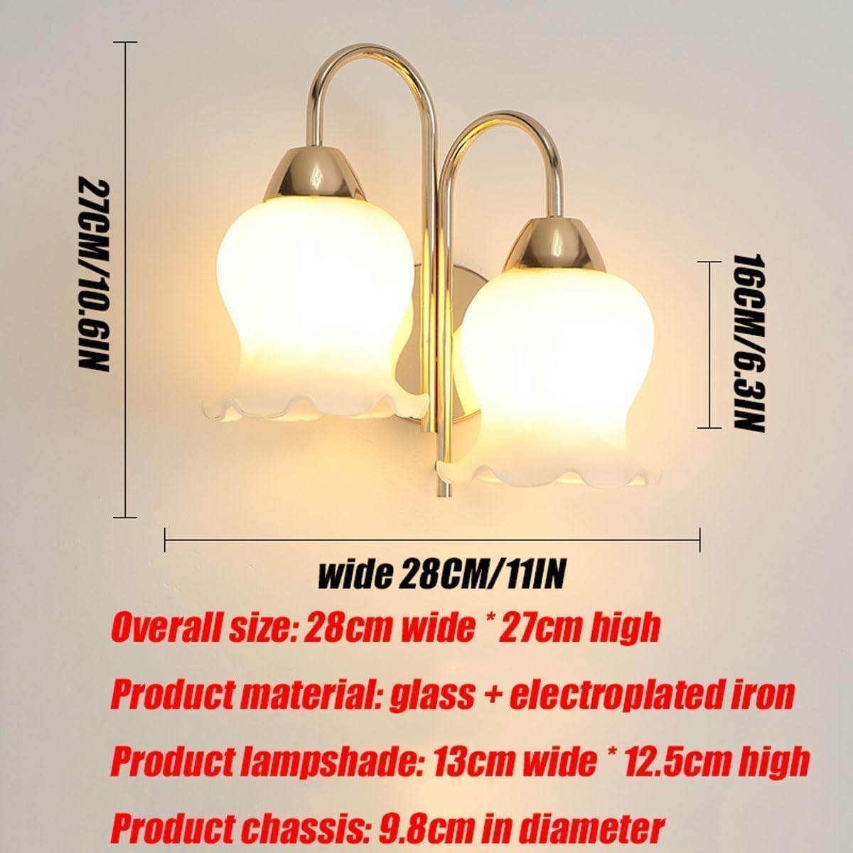 Luxury Modern Gold Bedside Wall Sconces 2-Light Nordic Minimalist White Flower Glass Hallway Wall Mounted Lamp Mid Century Bathroom Vanity Wall Light Indoor Lighting for Bedroom Living Room