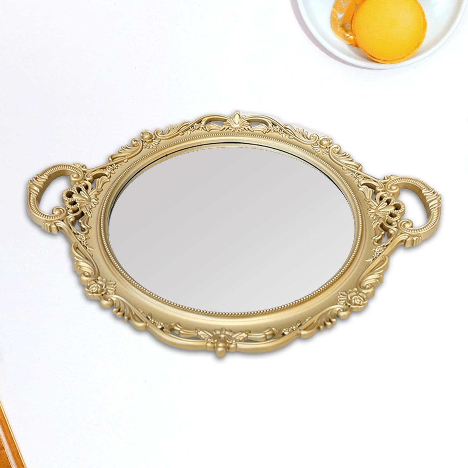 Bandeja Espejo Decorativa con Diseño Retro Bandeja Perfume Bandeja Platos Merienda Bandeja Organizador de Accesorios PP Adecuada para Vestidor Salón O, Dorado, 40cmx23cm