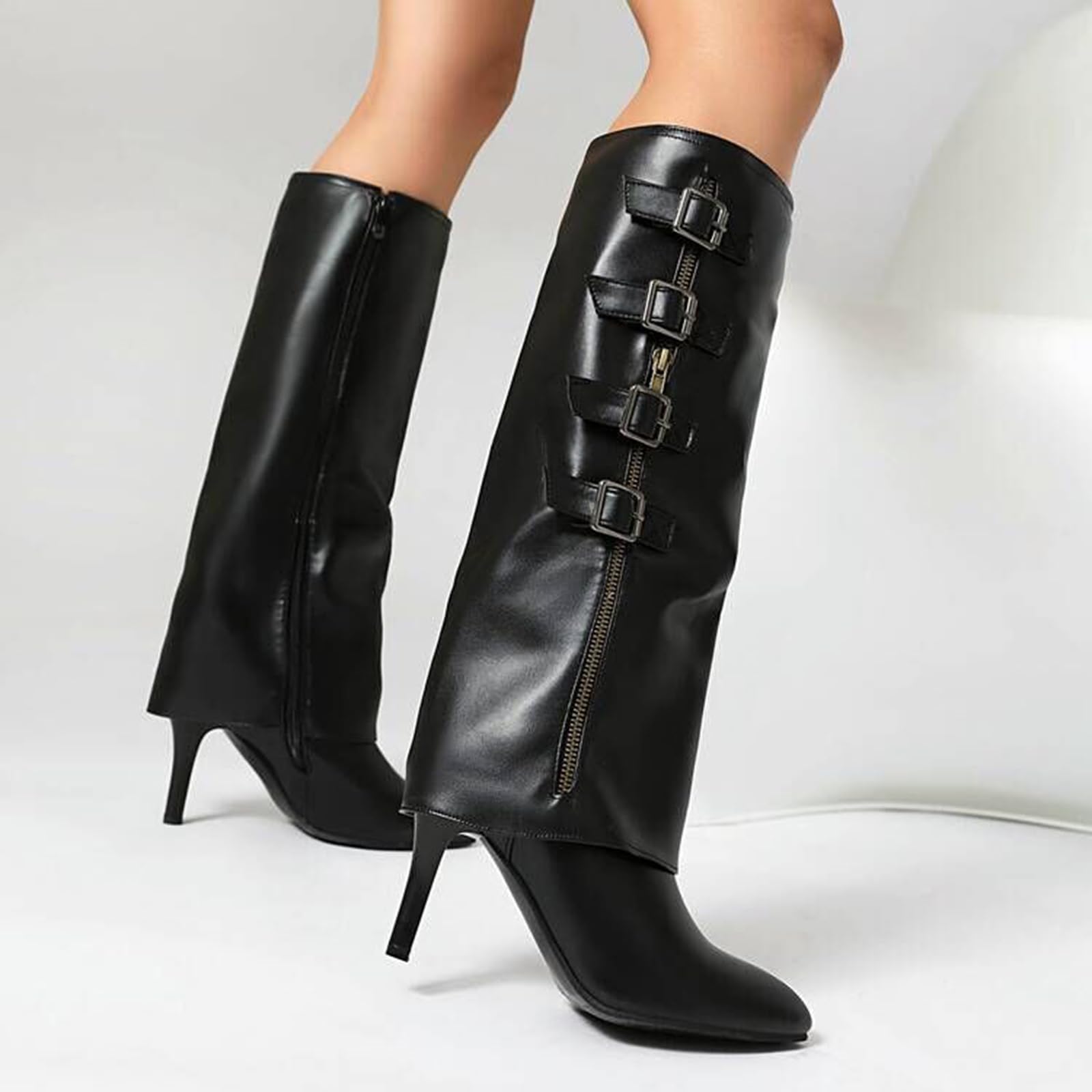 Défilé Galerie Tube Bottes Côté Zip Talons Hauts Bottes De Mode Boucle De Ceinture Bottines 8CM
