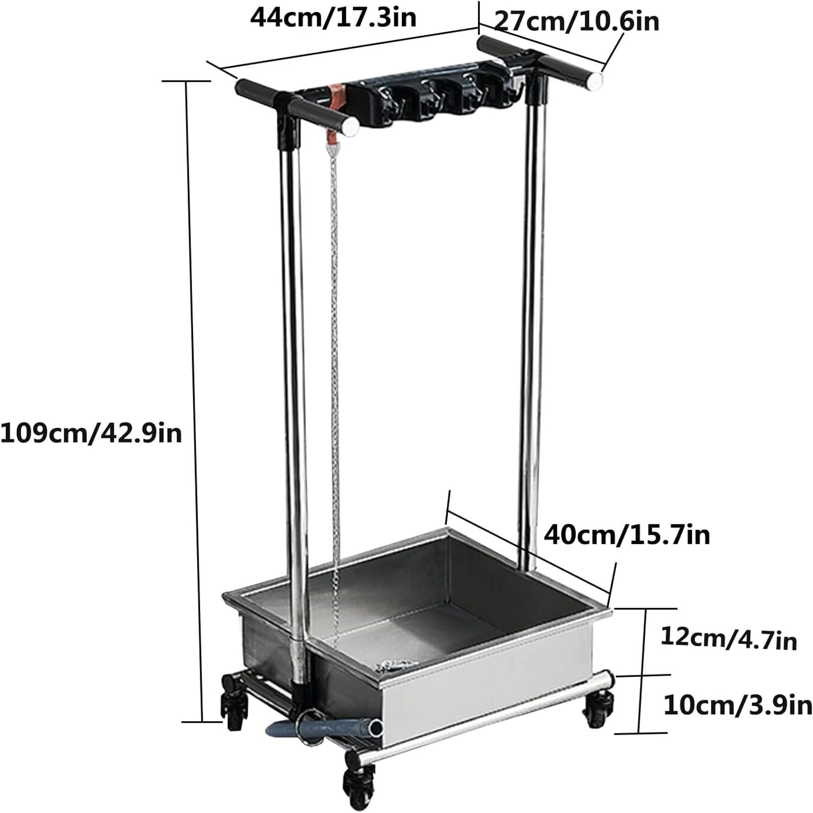 Carrito de limpieza con ruedas de 44 cm con tanque de agua, organizador de suministros de limpieza multifuncional, acero inoxidable, para garaje, jardín, armario, armario