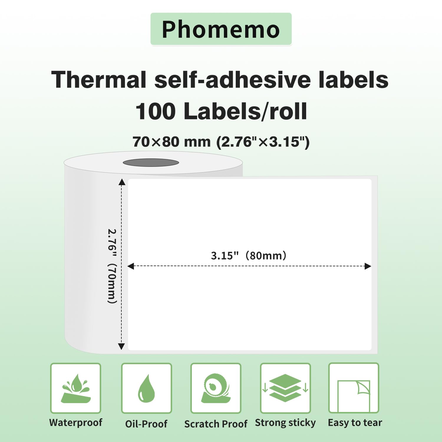 Phomemo Étiquette thermique auto-adhésive 70x80 mm compatible M200 100 pièces