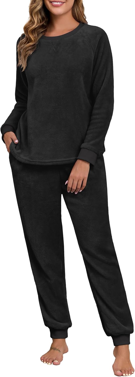 PrinStory Fluffy Pajamas for Women Soft Fleece Warm Pajama Set Fuzzy Pjs Winter 2 Piece Flannel Lounge Sets with Pockets