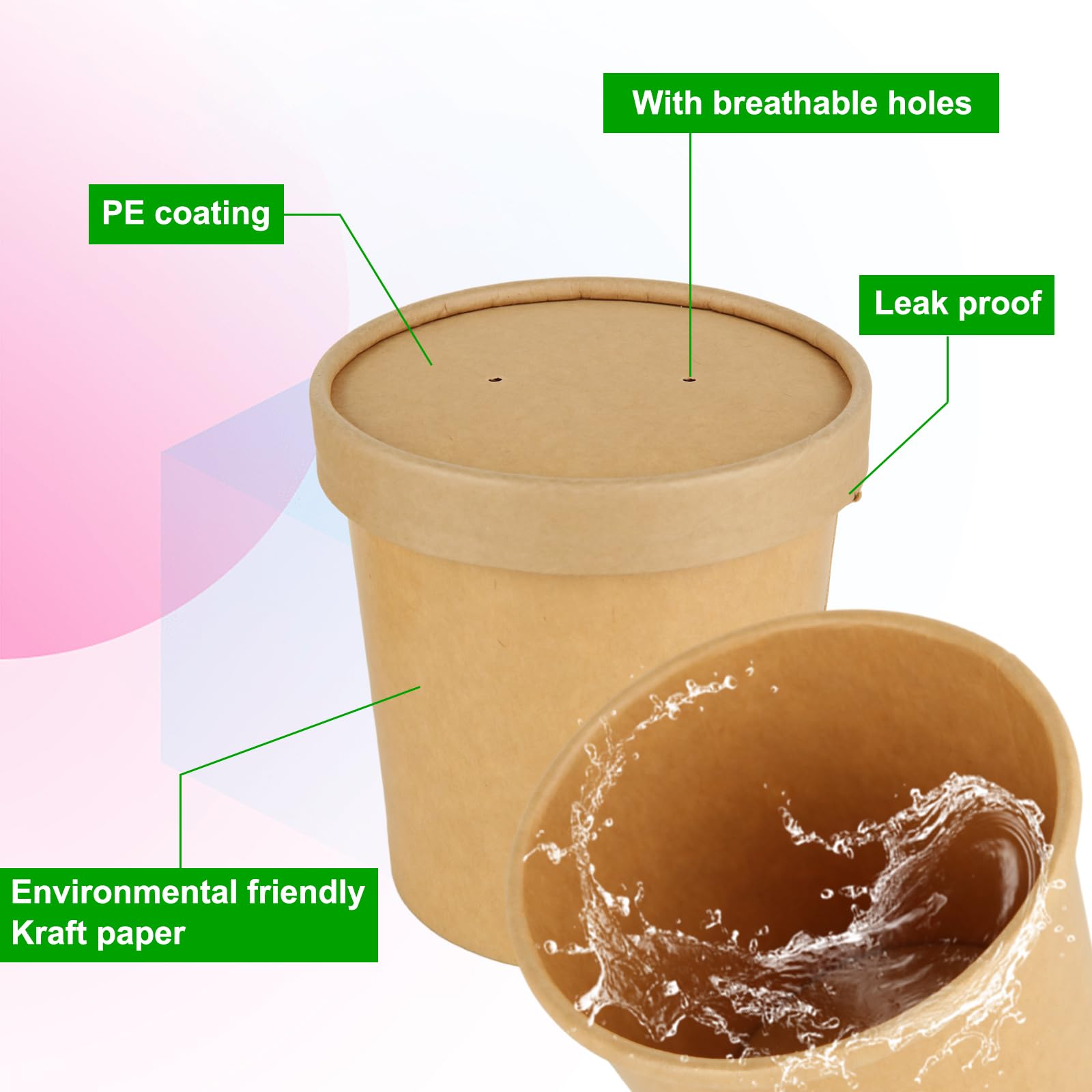 Tazze da Zuppa usa e getta Kraft 350 ml con Coperchio, Ciotole di Carta da Asporto