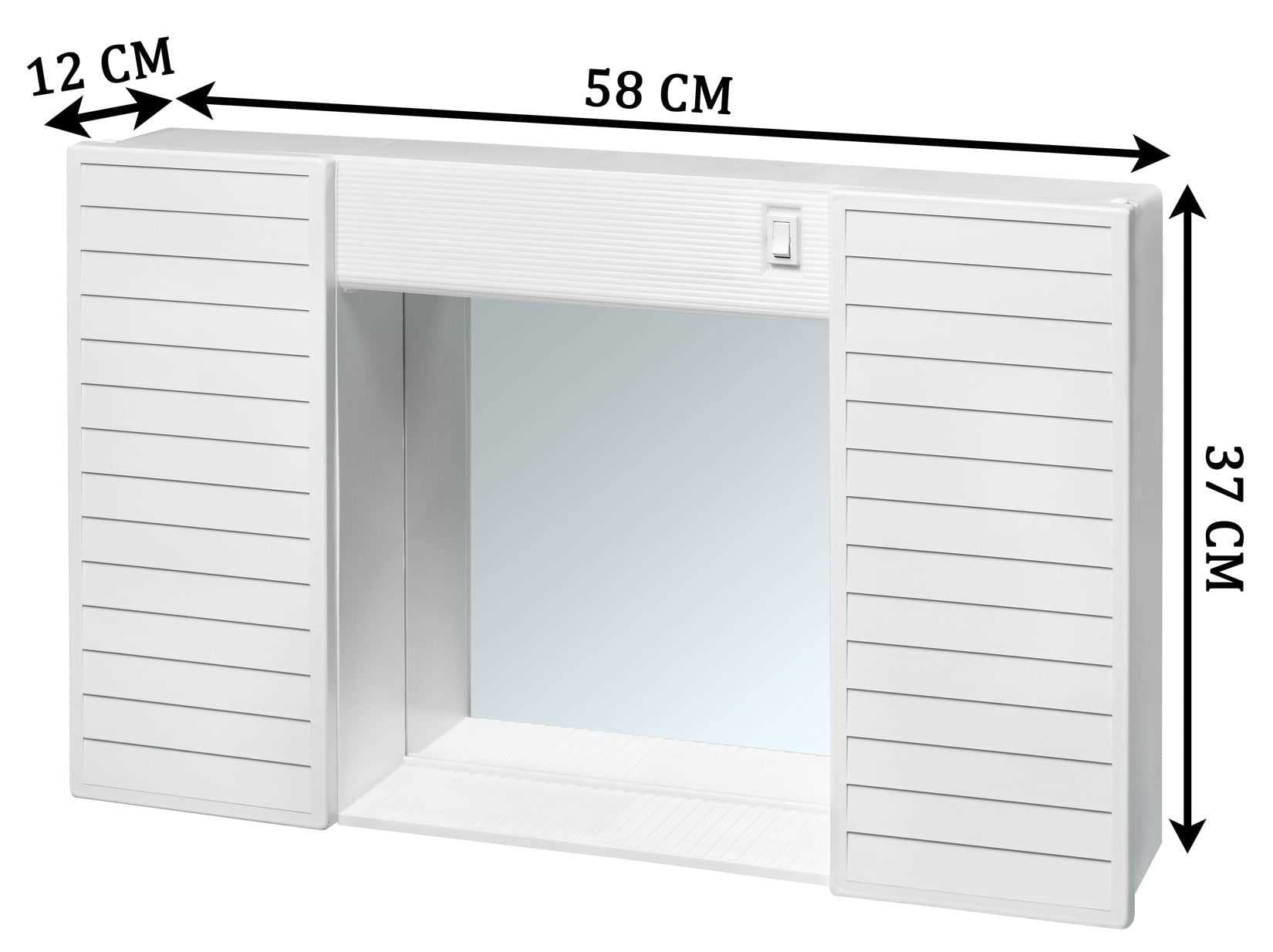 Negrari Specchiera Specchio Pensile Simpaty Mobile Mobiletto Bagno Lavanderia Contenitore Ante Sospeso PVC Plastica Resina Interno Esterno Bianco Luce Interruttore 58x37x12cm L58 P12 H37 CM Economico