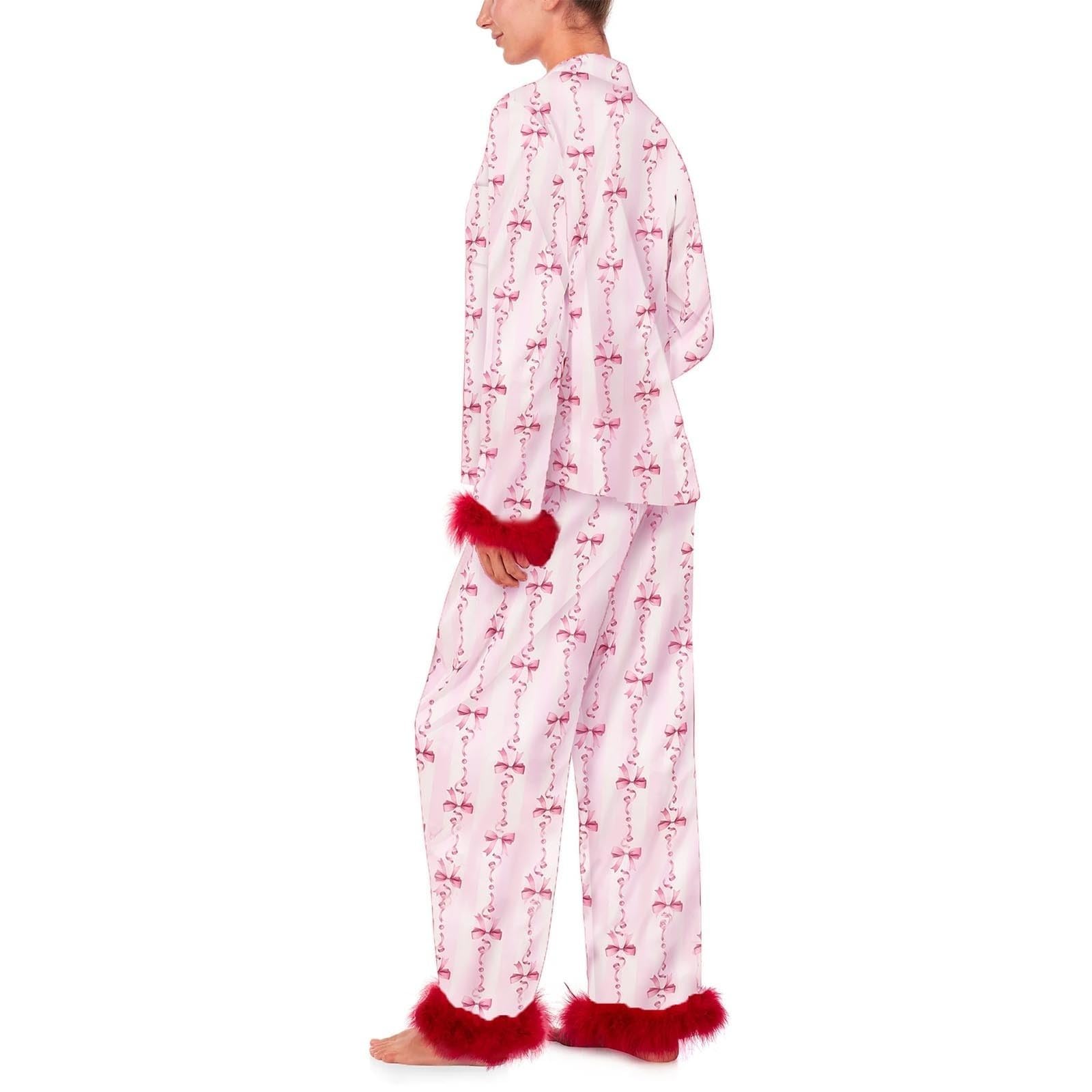 Conjunto de pijama de seda para mujer con diseño de corazón y lazo, camiseta de manga larga y pantalones, ropa de dormir de 2 piezas, pijama de satén lujoso para mujer, estampado de corazón y
