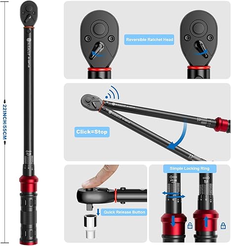 Miniatura 4 de Llave dinamométrica de clic de 12 pulgada - 40-320 pies. LB54.2-433.6Nm Llave dinamométrica de doble dirección ajustable de 72 dientes con estuche
