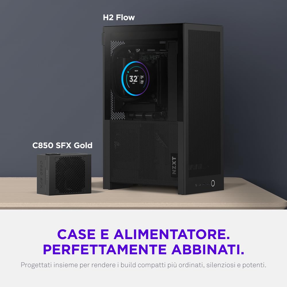 NZXT H2 Flow – Case per PC Mini-ITX da 20,7 litri ad alto flusso d'aria – Include 2 ventole superiori da 120 mm e cavo riser PCIe 5.0 – GPU da 331 mm – Radiatore da 280 mm – Nero