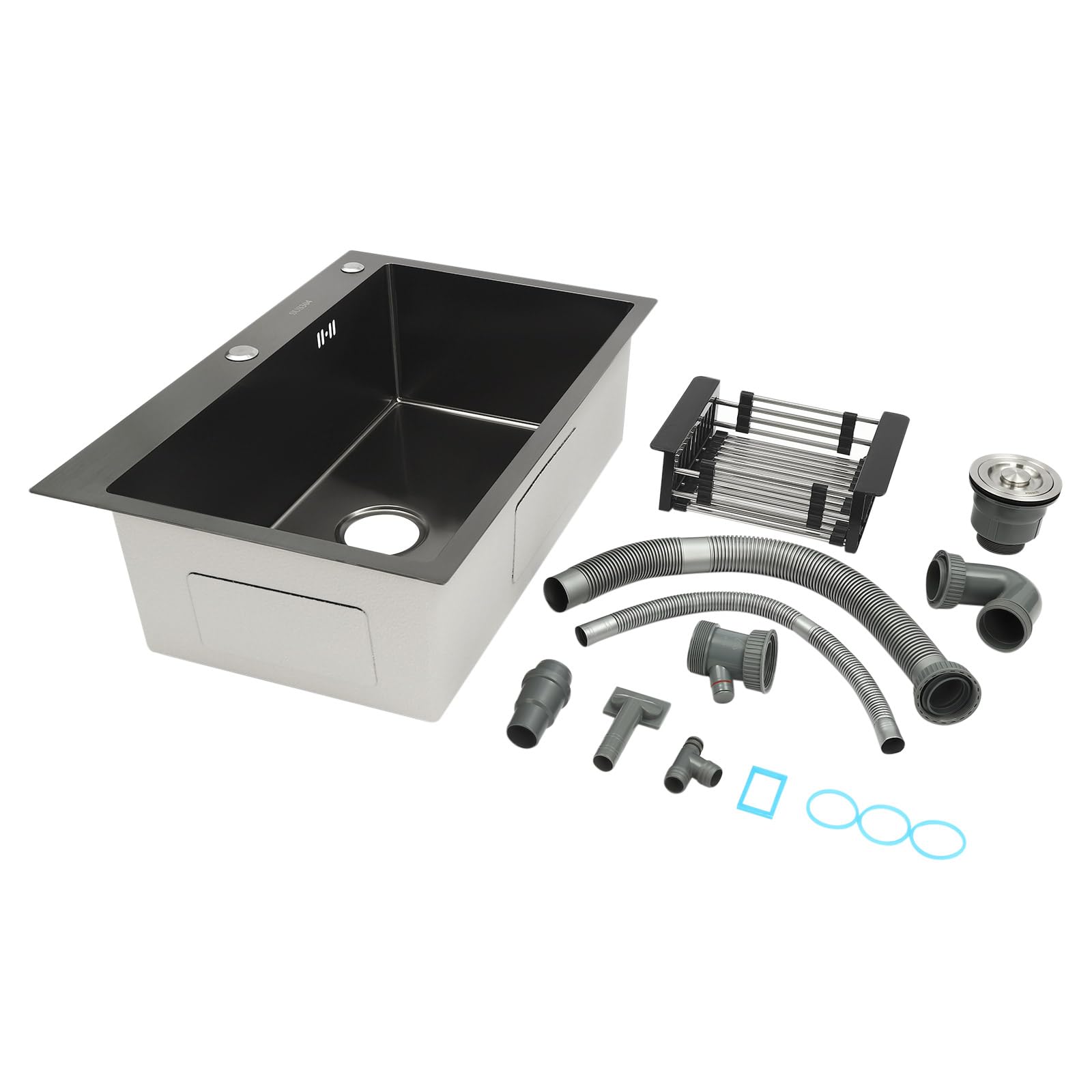 Fregadero de cocina, juego de fregadero de acero inoxidable, fregadero cascada con grifo retráctil, 1 lavabo empotrado, para cocinas, lavaderos, laboratorios, cafeterías, 68 x 45 x 20 cm