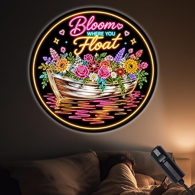 FLFGIDD Portable Projector Lamp USB Powered Bloom Where You Float Floral Boat Neon Art Sign for Living Room Bedroom