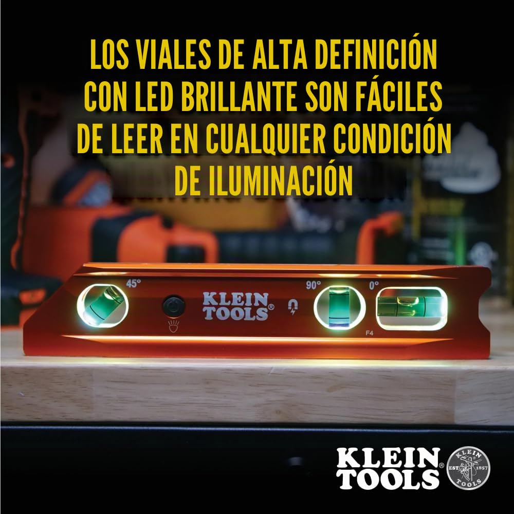 Klein Tools Nivel 935RBLT, nivel de torpedo iluminado con imán, 3 viales y ranura en V, resistente al agua y a los impactos, ideal para doblar conductos de alta visibilidad, naranja, rojo