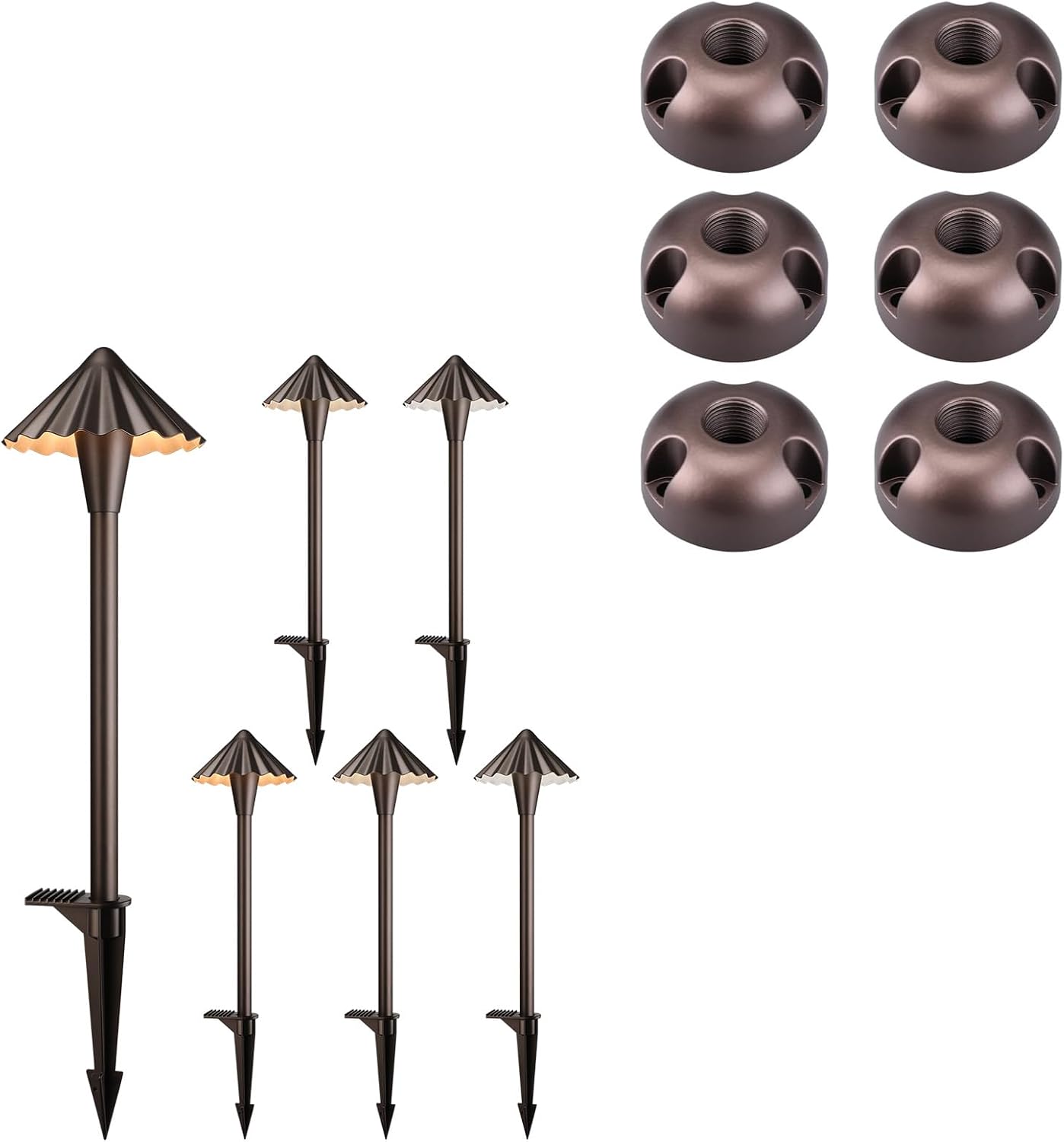 LEONLITE Ruffles Head 3CCT Low Voltage Pathway Lights Bundle Low Voltage Landscape Light Mounting Plate, 6 Pack 12-24V AC/DC, IP65 & 6 Pack 1/2" NPT Thread, Aluminum, Path Light Surface Flush Mount