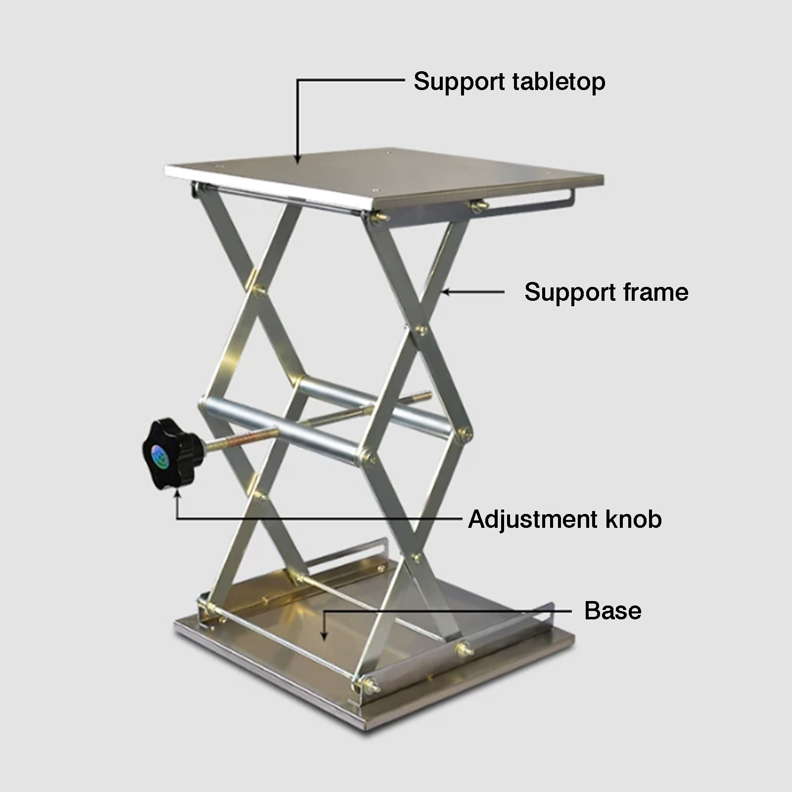 Mesa Elevadora Manual De Laboratorio, Soporte Plataforma Gato Acero | Con tapete antideslizante y mango giratorio, rango de altura ajustable 44-460 mm, capacidad de carga 5-25 kg(150x150mm)