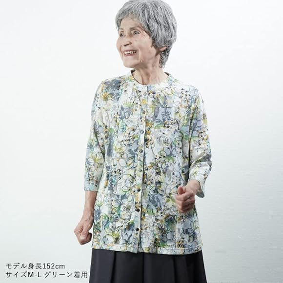 Amazon | [TCマート] 千鳥花柄オパール七分袖前開きニットブラウス