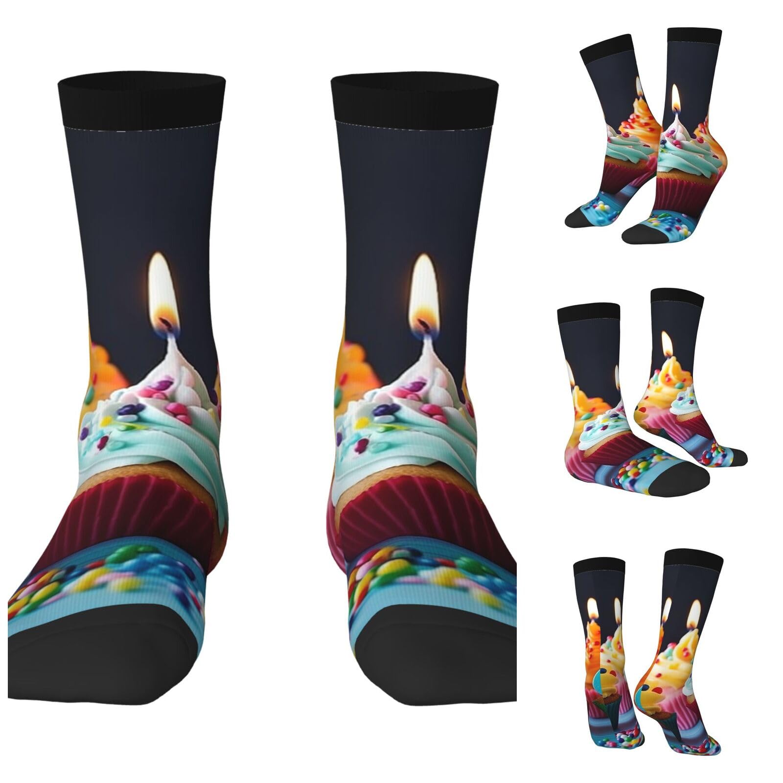LZQPOEAS Colorful Happy Birthday Cupcakes Athletic Socks Unisex Cushioned Crew Socks Hiking Running Calf Sock Soft Above Ankle Sock