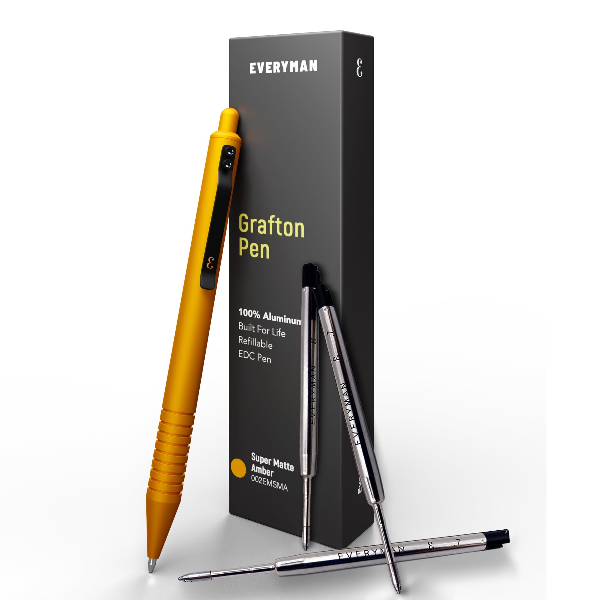 Everyman Amber Super Matte Grafton Pen & Refill Set | Refillable Metal 0.7mm Gel Pen with 3 Smooth Black Ink Refills | Premium EDC Writing Tool for