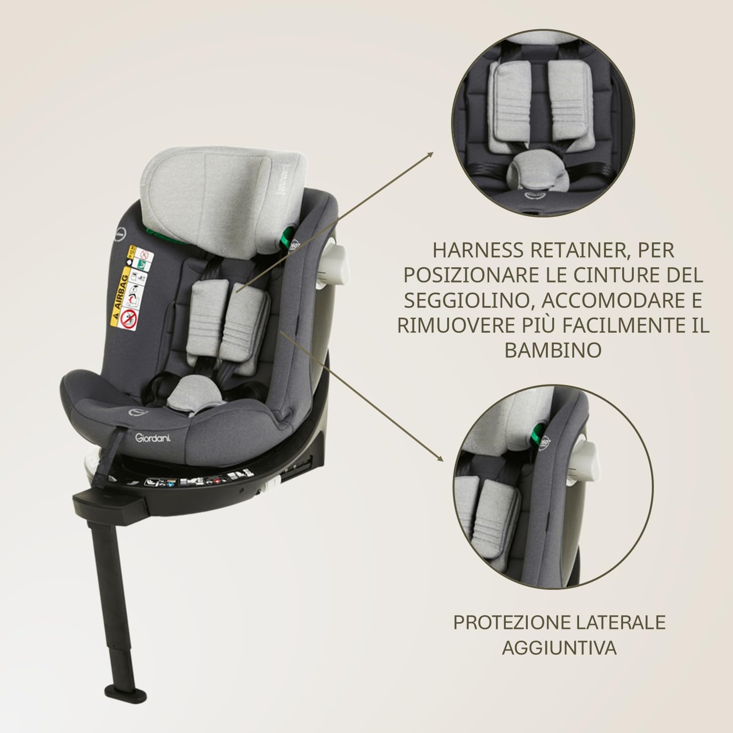 Giordani Crono Seggiolino Auto 40-150 cm i-Size, Base Girevole 360°, Connettori Isofix e Gamba di Supporto, 5 Posizioni dello schienale, Protezioni Laterali e Riduttore Neonato, Evolutivo 0-12 Anni