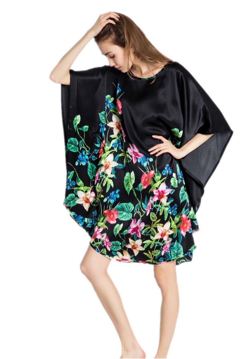 Damen Seidennachthemd 100% Seide lang Nachthemd mit Kunstdruck Schlafkleid, Kaftan oder Tunika