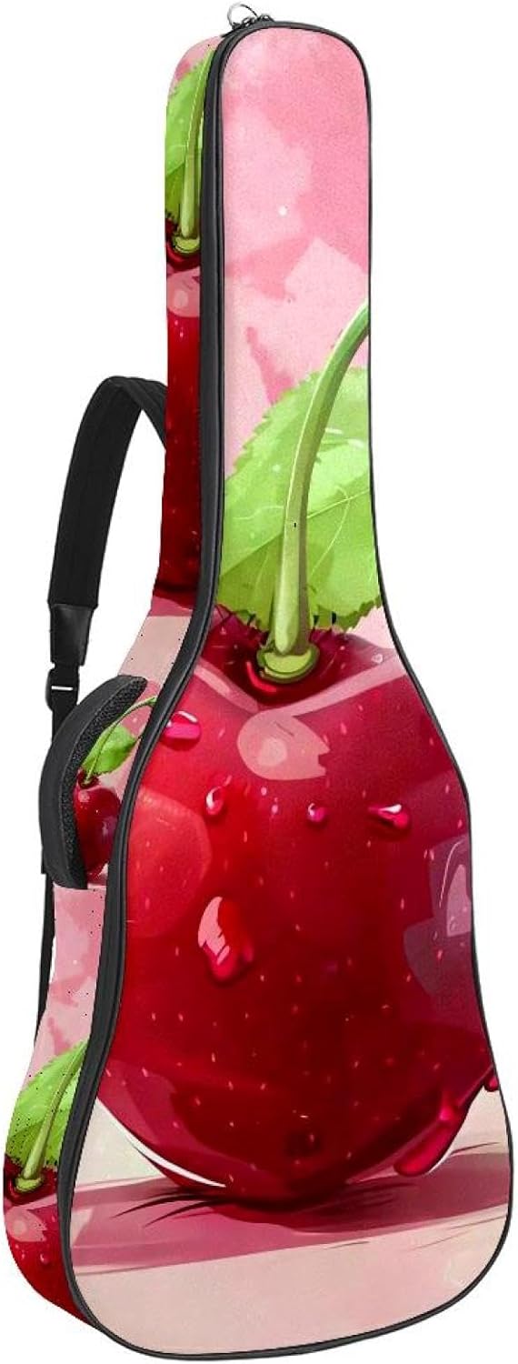 Cute Red Cherry Acoustic Guitar Gig Bag, 1 cm Thick Padding Waterproof Guitar Bag Backpack for 40 41 42 Inch Electric Bass Classical Guitars