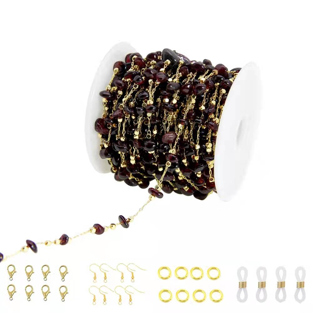 PAMIR TONG Handmade Natural Garnet Stone Beading Chain with Golden Plated Brass Findings for Bracelet Necklace Glass Mask Decoration Shoes Clothes Jewelry Making (CC59 Garnet)