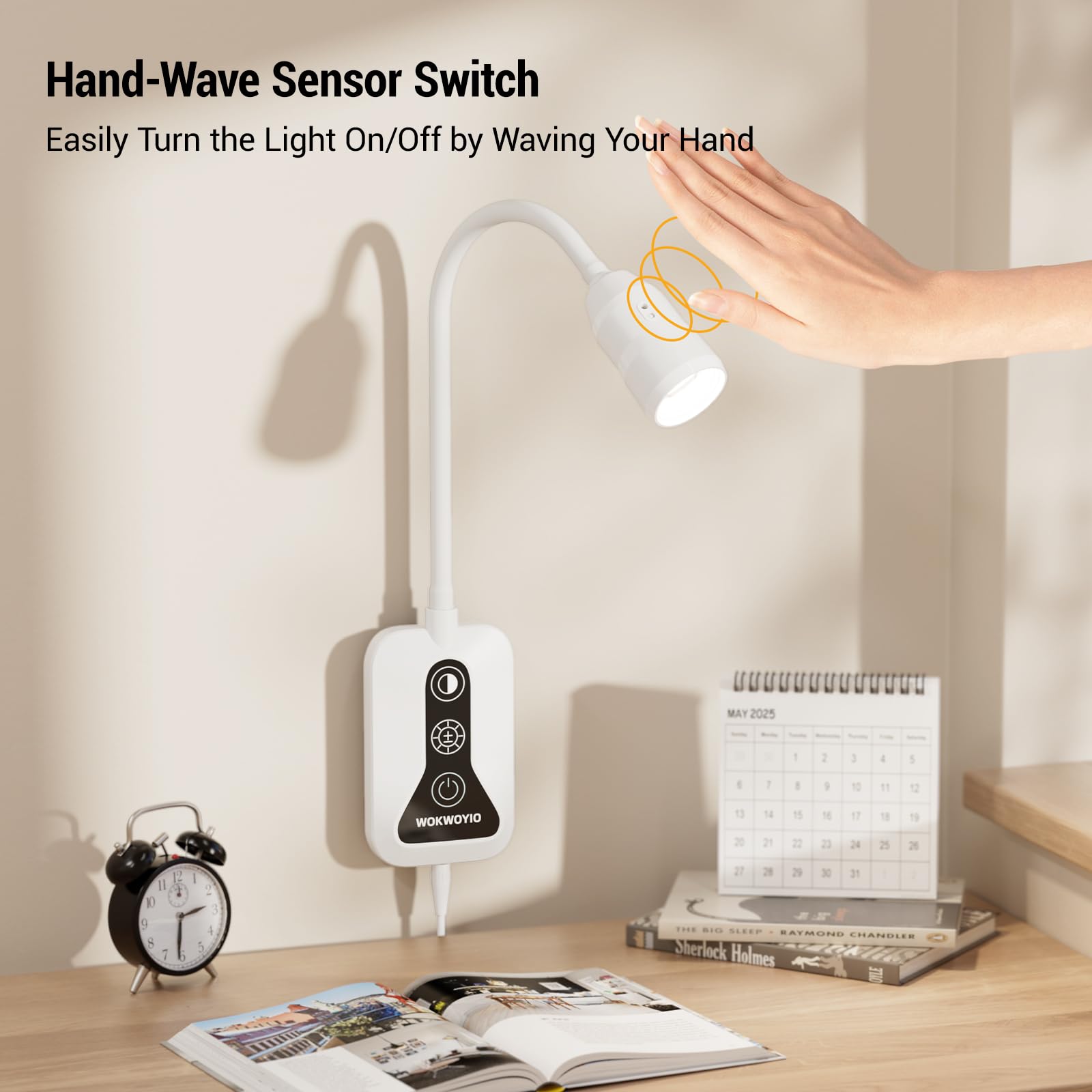 Wandmontierte Leselampe mit Handfeger-Sensorschalter, Buchlicht zum Lesen mit USB-Ausgang, 5 Farben und Helligkeit, dimmbar, Nachttischlampe, Wandlampe mit flexiblem Schwanenhals, Weiß, 1 Stück