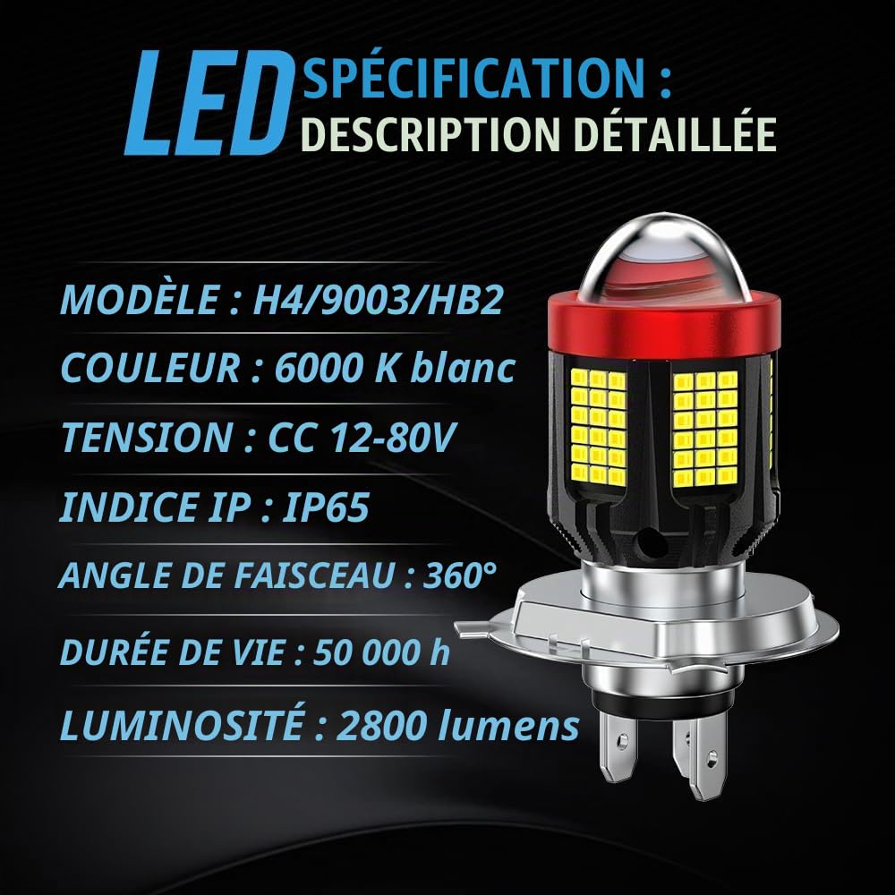 H4 LED Ampoule de phare de moto blanc, 2800 lm, luminosité 300% HB2 9003 H4, kit de conversion tout-en-un à faisceau haut/bas pour moto scooter 12-80V