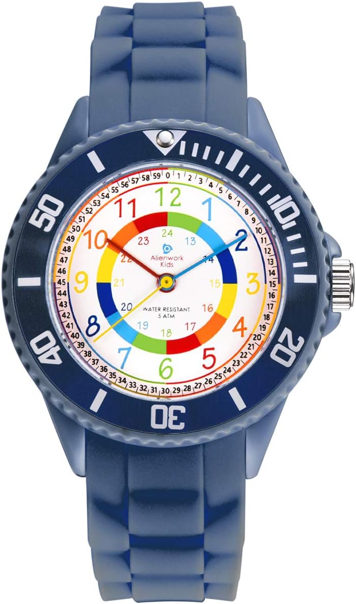 AlienworkKids Children's Teacher Watch Boys Girls Learning Time Waterproof 5 ATM, Navy Blue/Multi-coloured/Silicone Strap Navy Blue, bracelet