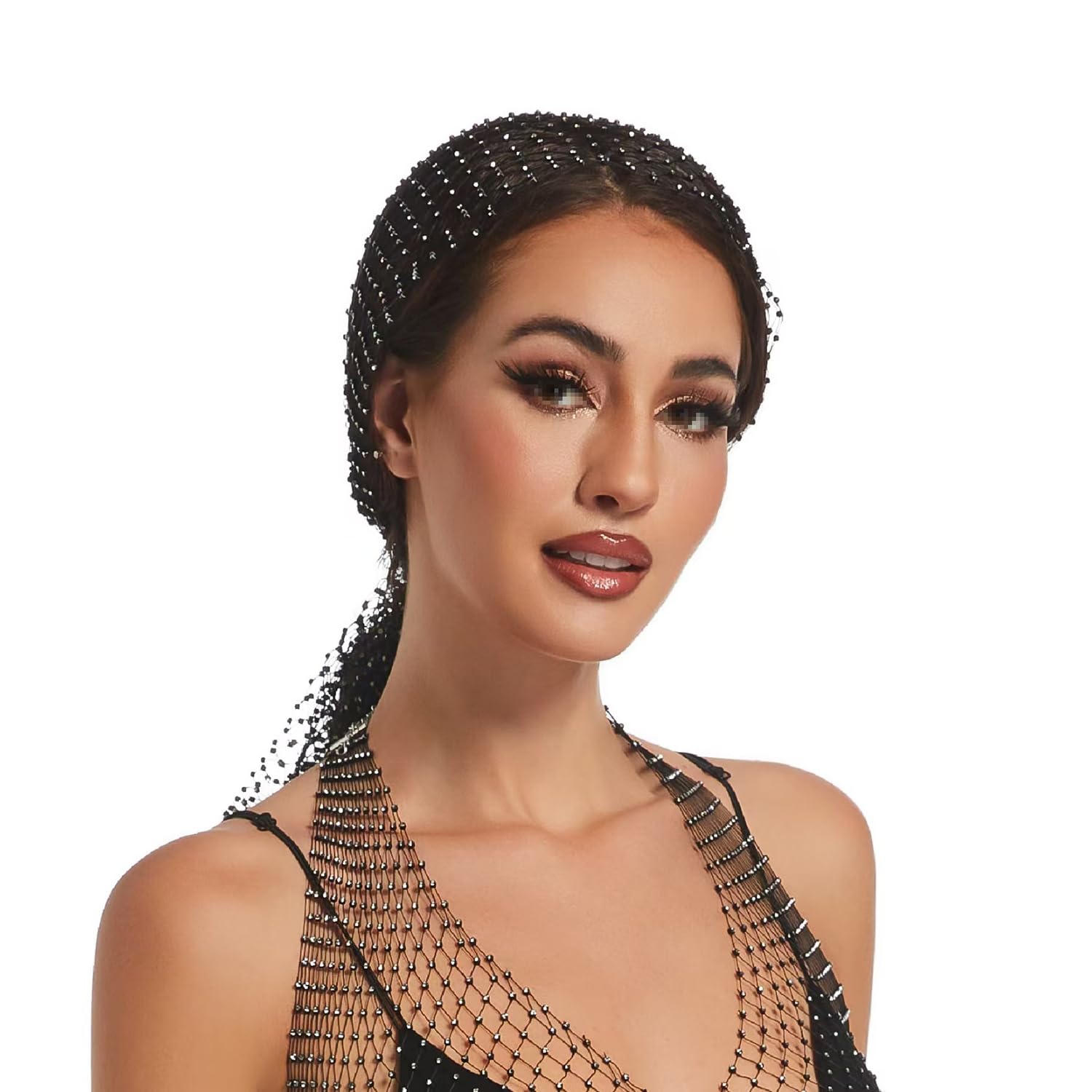 Women Black Mesh Rhinestones Headband Sparkly Head Scarf Glitter Fishnet Diamond Headpiece Crystal Nightclub Headwrap Rave Hair Accessories - Image 3