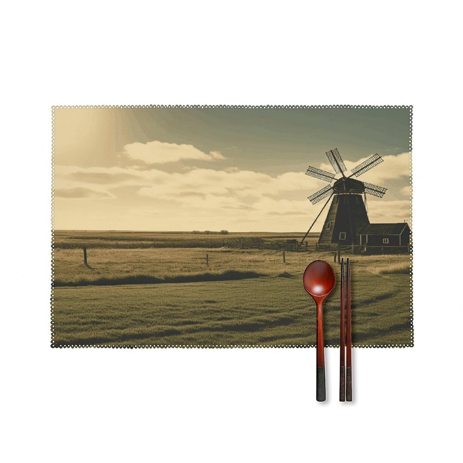 Vintage Black Windmill on The Prairie Placemats Set of 6 Heat Resistant Non-Slip Place Mats Washable Wipeable Table Mats Elegant Farmhouse Placemat for Kitchen Dining Outdoor Party Table Decor