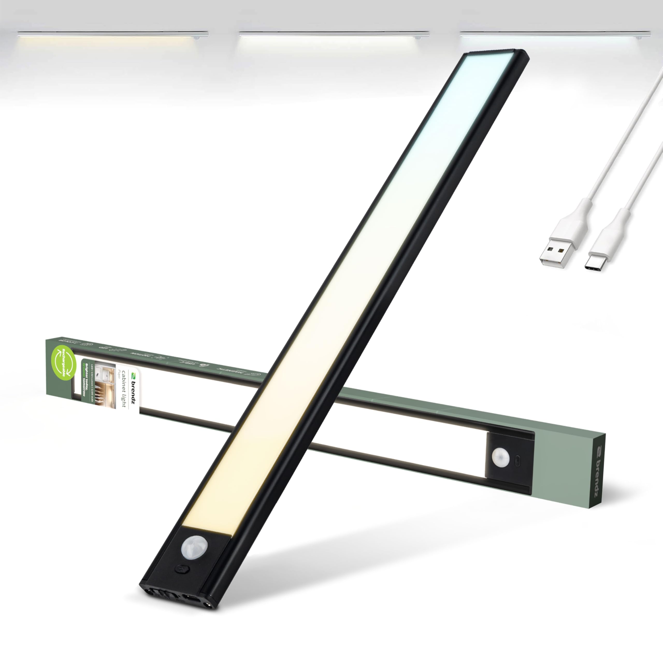 Brendz Lampe LED Rechargeable, LED Cuisine Sous Meuble, 40cm, USB-C, 2200mAh, 3 Températures de Couleur, Dimmables, Magnétique, Lumiere Cuisine, Puyo Noire