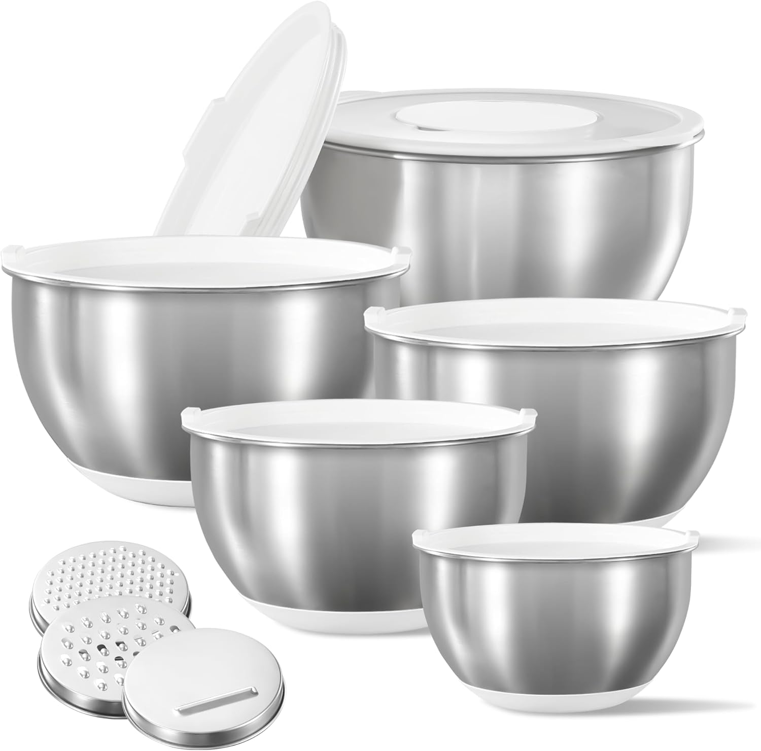 CAROTE Stainless Steel Mixing Bowls with Lids Set,12 Pcs Nesting Bowls Clear Airtight Lids 3 Grater Attachments,Non-Slip Bottoms & Measurement Marks Mixing Bowls,Size 5,3,2,1.5,1QT - Thumbnail 2