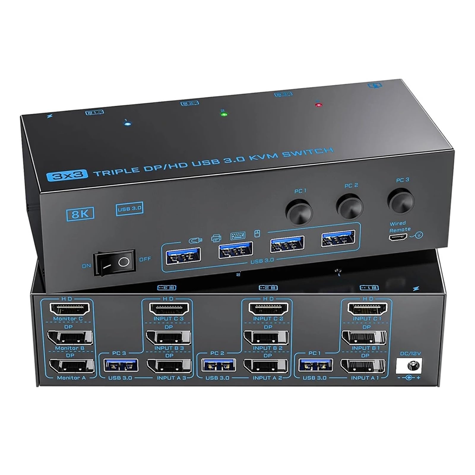 Przełącznik KVM USB 3.0 zgodny z, 3 monitory, 3 komputery, 8K60Hz, 4K144Hz, potrójny monitor KVM z 4 portami USB 3.0, potrójny KVM