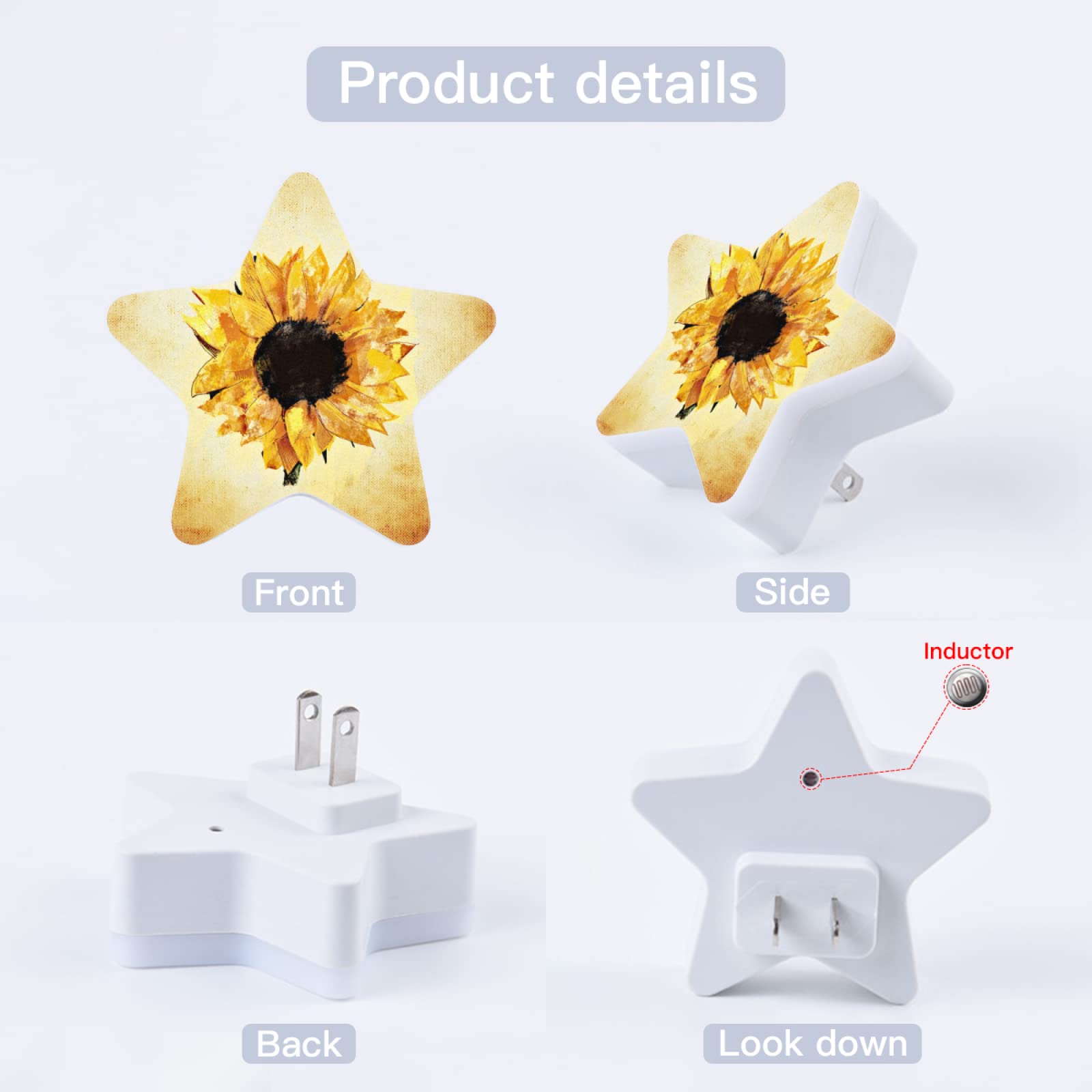 YouTary Sunflower Floral Inspirational Pattern Star Shape Plug in LED Night Light Lamp with Dusk to Dawn Sensor — view 5