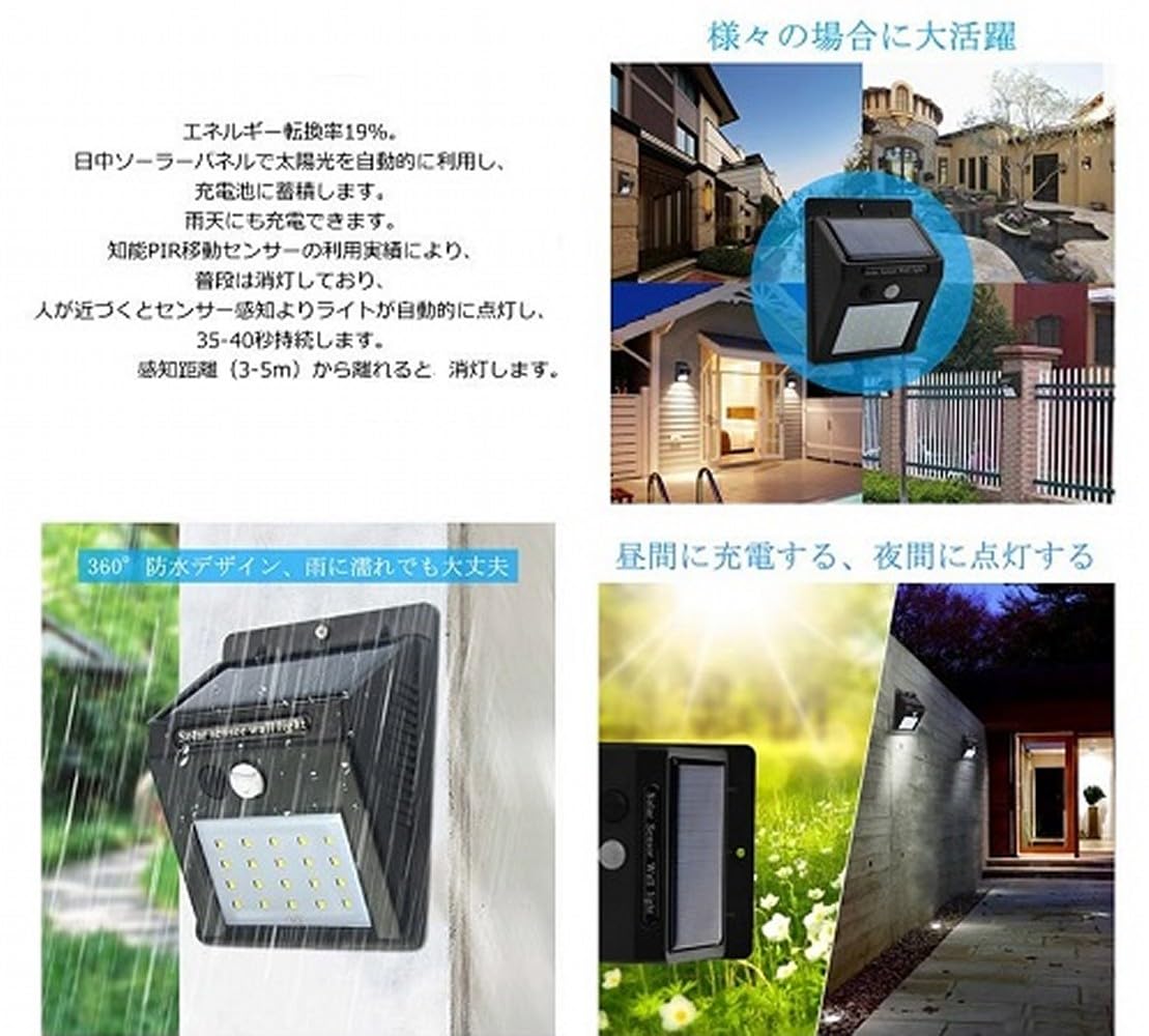 ソーラーライト 光センサーライト　20LED　四個セット　昼白色 四個セット ソーラーライト 光センサーライト ガーデンライト