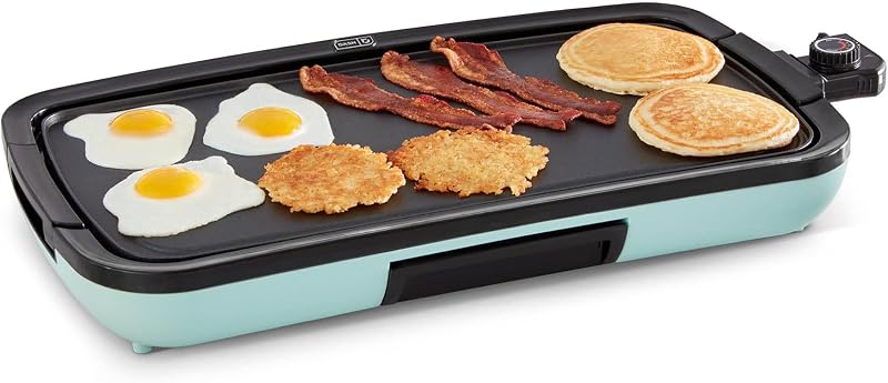 Plancha eléctrica Dash Deluxe para uso diario, placa antiadherente extraíble, Aqua | Parrilla superior plana con bandeja de goteo, control de temperatura, superficie de cocción grande de 20 pulgadas para panqueques, huevos, hamburguesas y tocino