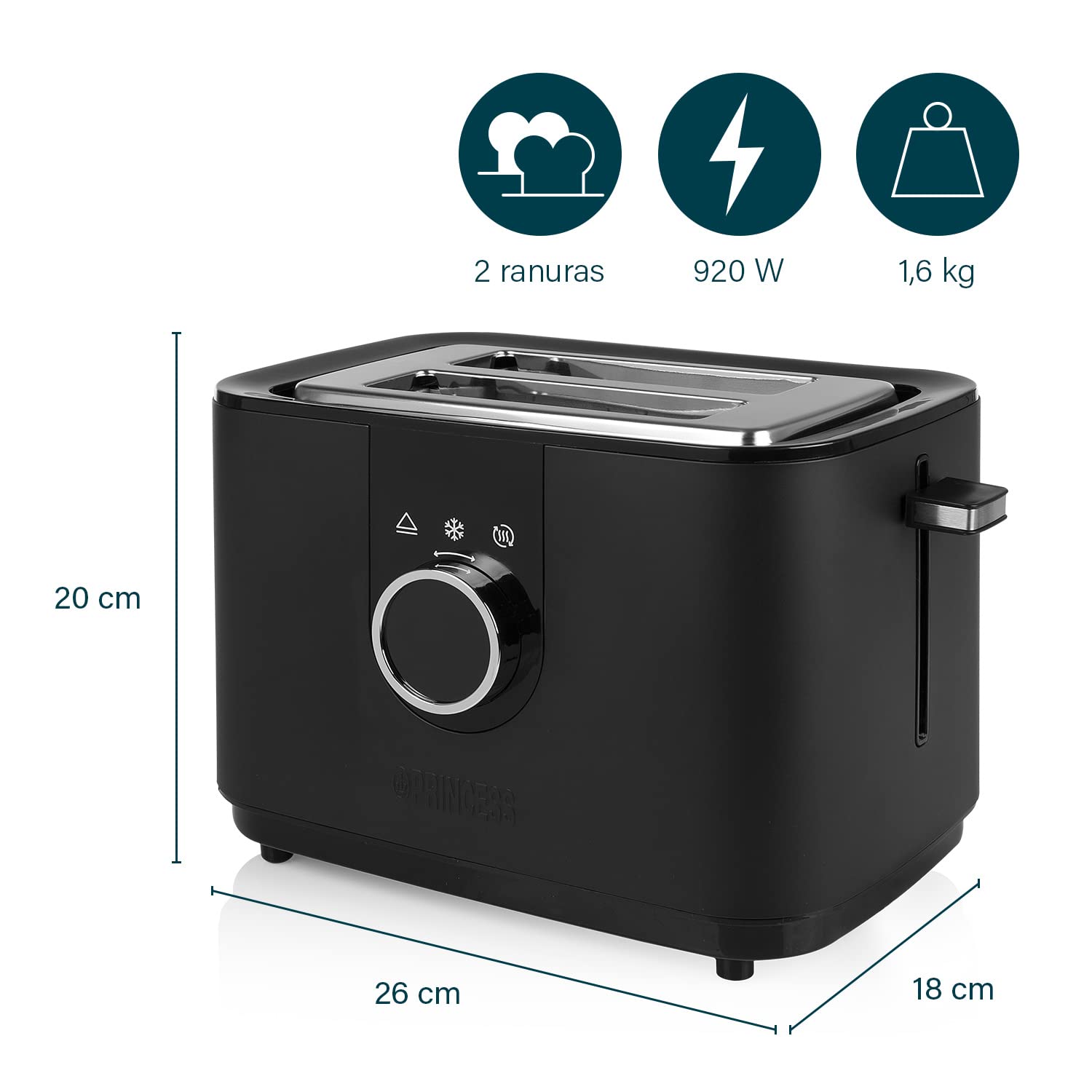Princess Tostadora 2 Ranuras con Soporte para Panecillos, 7 Niveles de Tostado, Función Descongelar y Recalentar, Botón Cancelar, Pantalla LED, 920 W, Negra, 142360