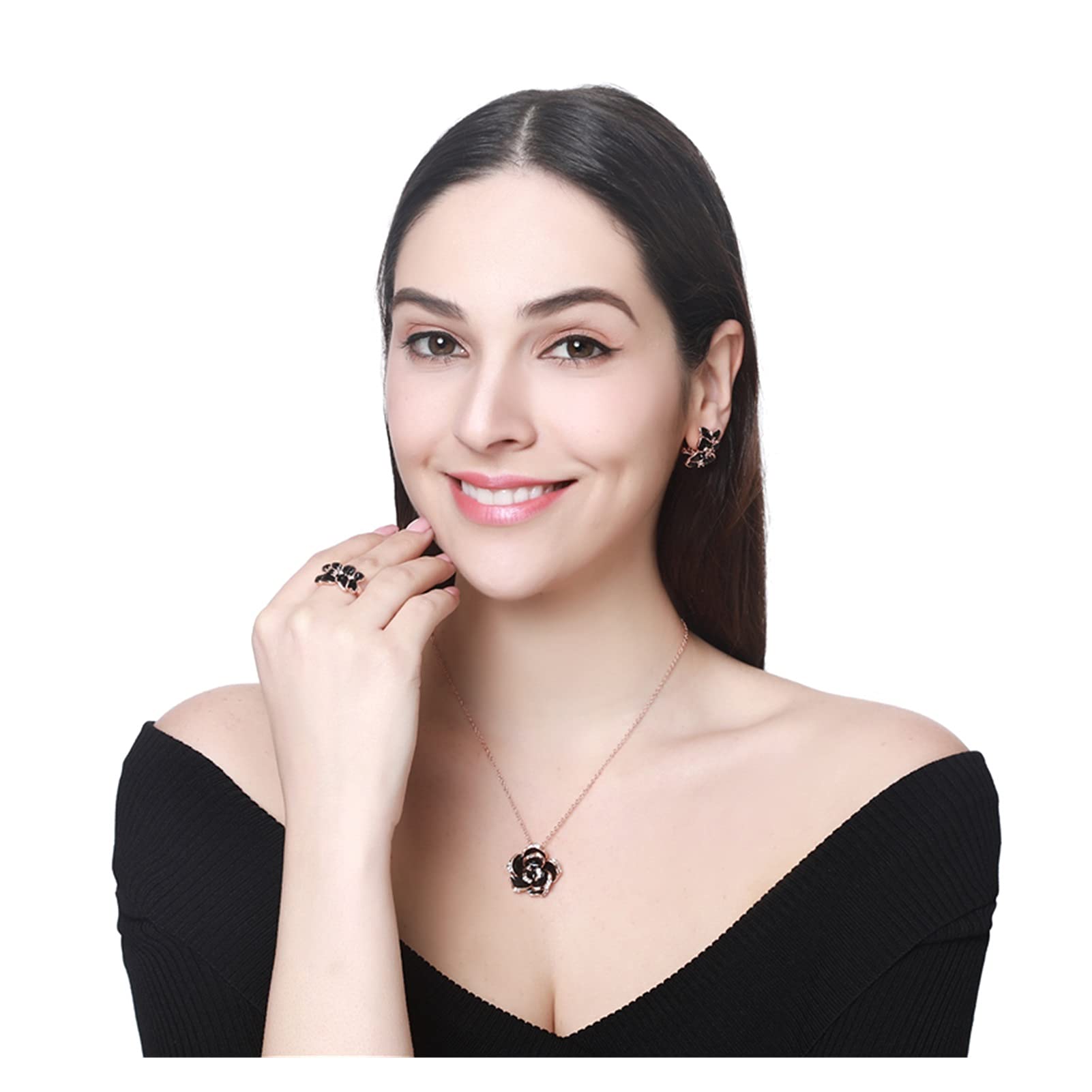 Anhänger Ohrringe Mode Rose Blume Emaille Schmuck Set Rose Gold Farbe Schwarz Malerei Braut Schmuck Sets für Frauen Hochzeit Geschenke