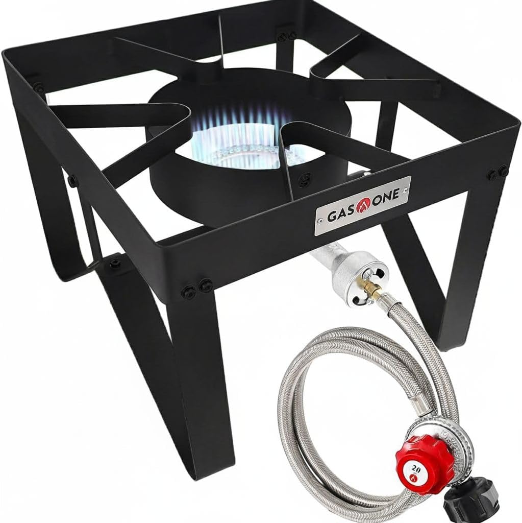 GasOne B-5200K Outdoor Cooker with High Pressure Steel Braided Hose Propane Burner Camp Stove