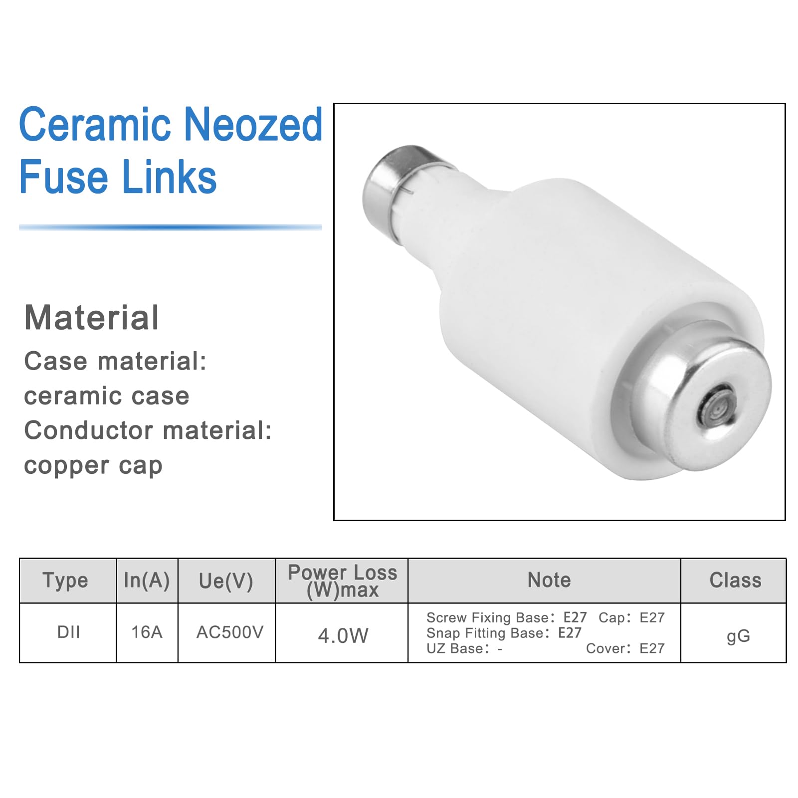 Heschen Collegamenti di fusibile neozed in ceramica, Link fusibile tipo DII, 16A 500VAC, tipo gG, per la protezione di cavi e linee, confezione da 5