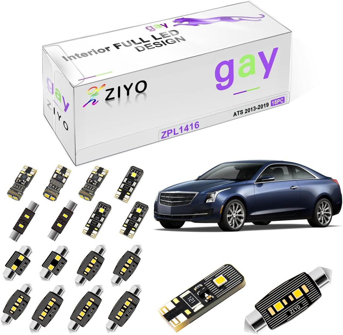 ZIYO ZPL1416 - (18 Bulbs) LED Interior Light Kit Replacement for Cadillac ATS 2013-2019 + License Plate Light Bulbs Package, 6000K Xenon White Dome Lights Upgrade