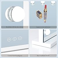 Vista 6 de Espejo de tocador con luces, espejo de maquillaje iluminado con 15 bombillas LED regulables, 3 modos de iluminación de color, puerto de carga USB