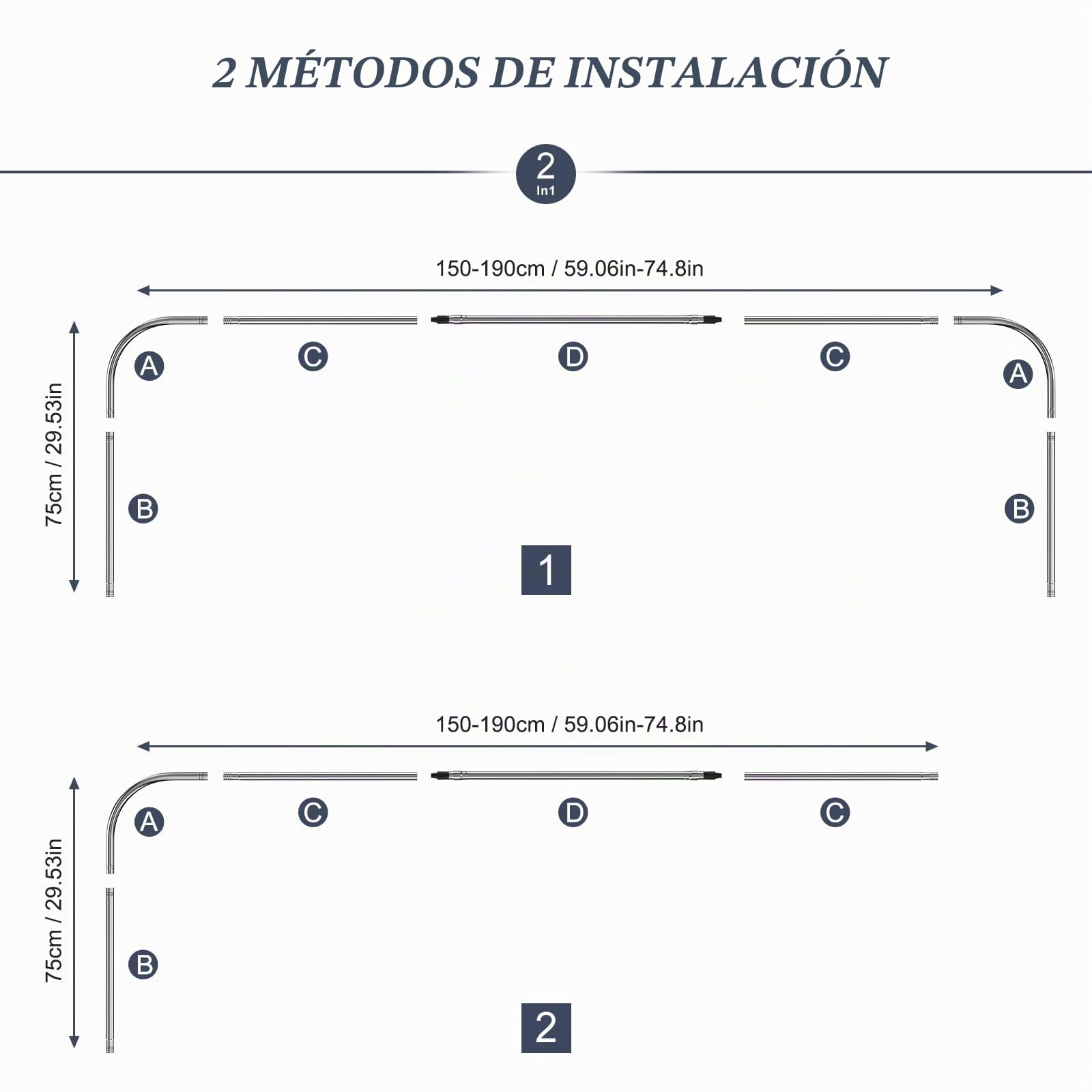 Barra de Cortina de Ducha en Forma de L o U, Acero Inoxidable 304 Resistente hasta 25kg, Riel de Esquina Ajustable para Bañera y Vestidor, Incluye 24 Ganchos, Plata