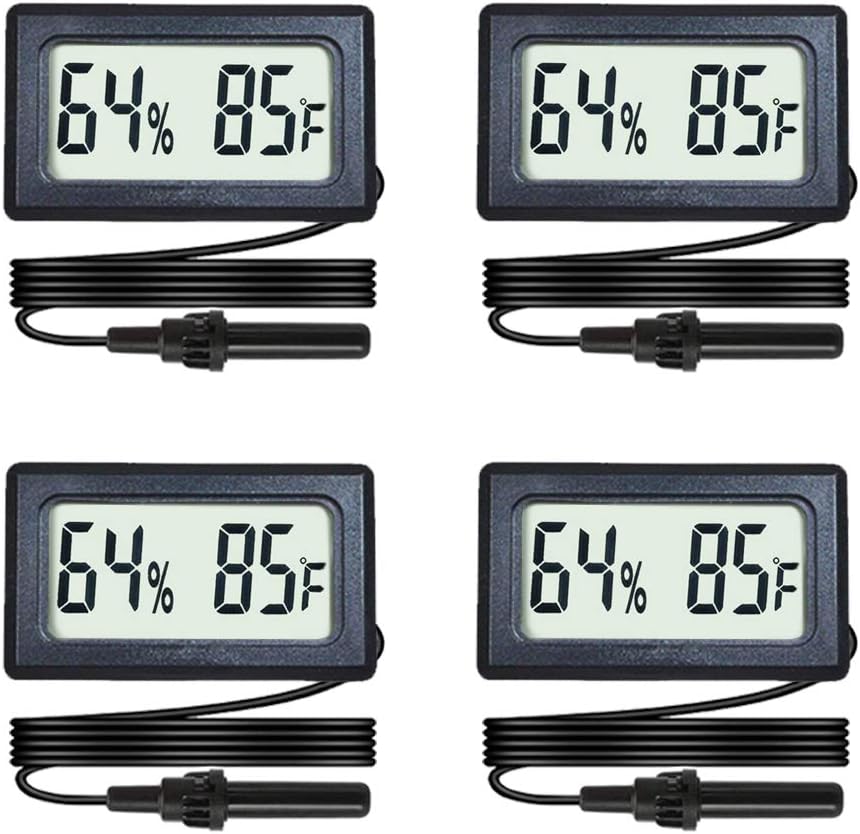 - 4-Pack Mini Digital Hygrometer Thermometer Gauge with Probe LCD Display Temperature Fahrenheit Humidity Meter for Incubator Reptile Plant Terrarium Sealed Containers Guitar Case