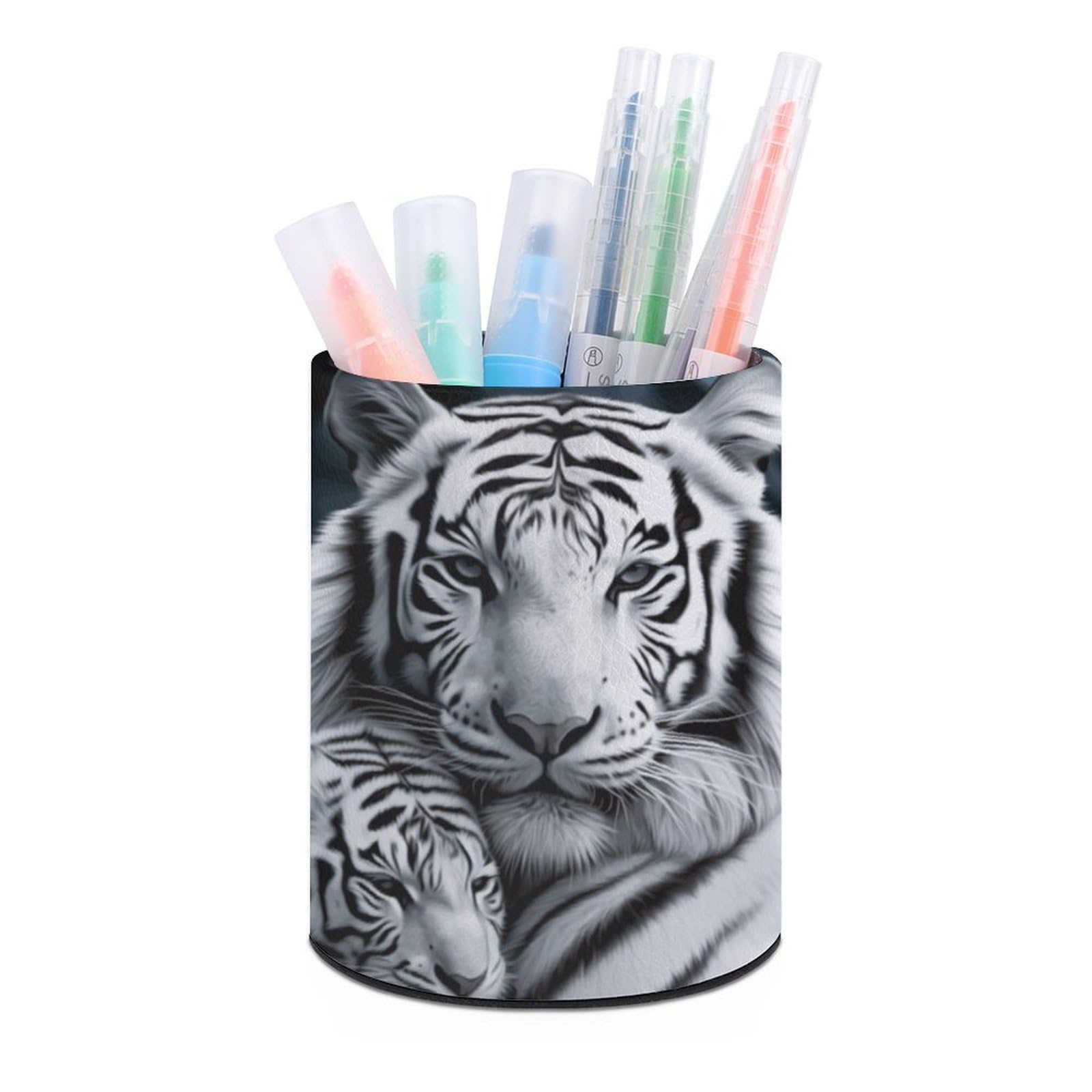 VstaDank White Tiger Pen Holder PU Leather Pencil Cup Minimalist Desk Pencil Holder Round Make Up Brush Organizers For Office Dorm Room&Vanity Desk Accessories